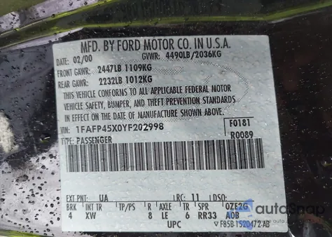 2000 Ford Mustang Gt z USA, uszkodzony, nr VIN 1FAFP45X0YF202998